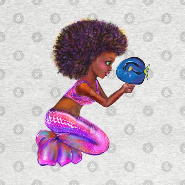 Black anime mermaid with blue tang fish, beautiful  black girl with Afro hair, green eyes, Cherry pink lips and dark brown skin. Hair love ! by Artonmytee